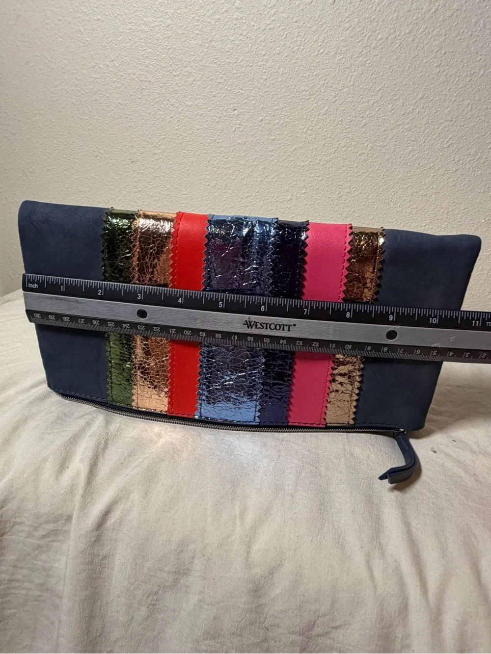 Stella & Dot Navy Multicolor Metallic Stripe Foldover Clutch Bag